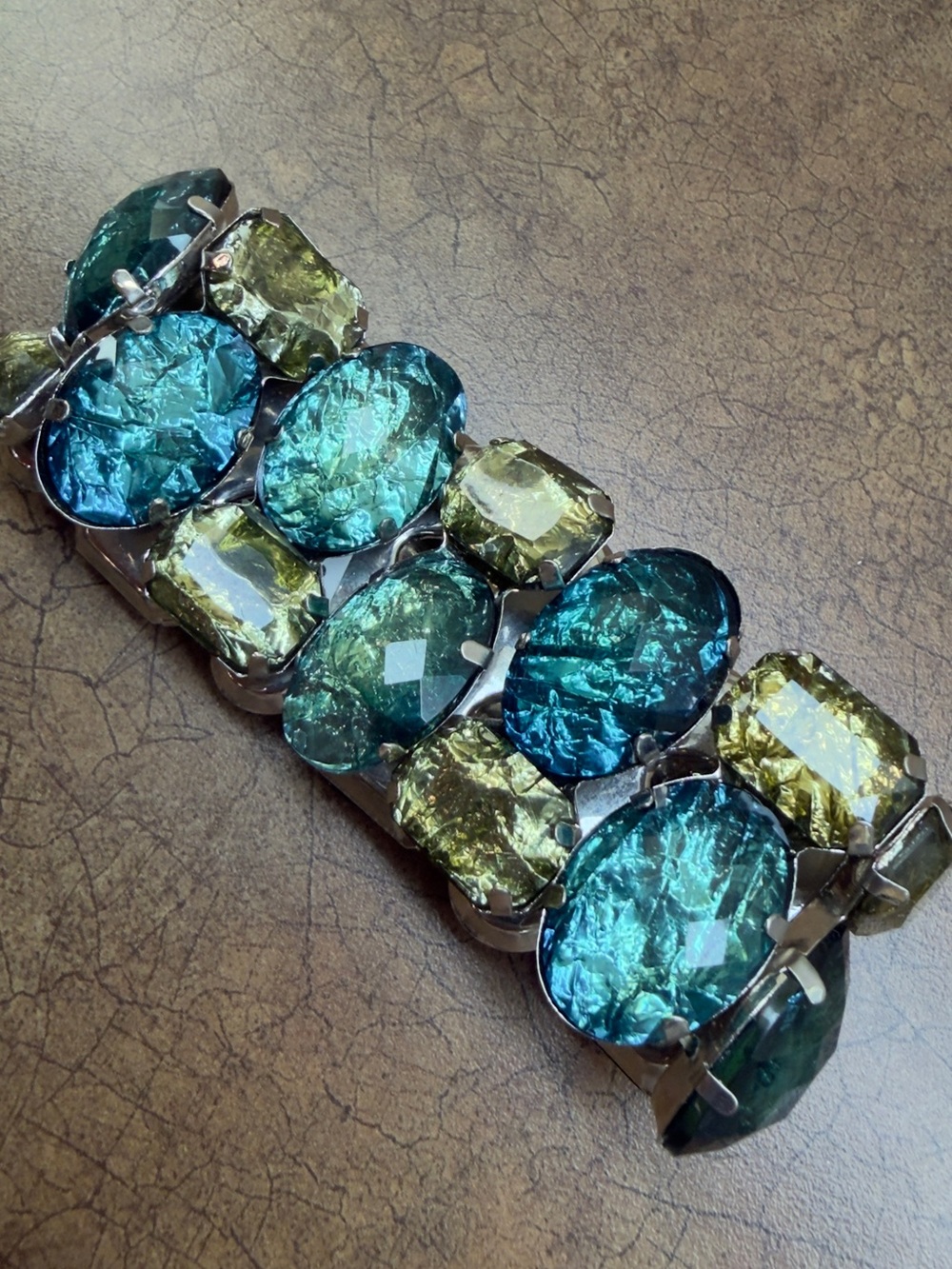 Foil backed cabochon Statement Bracelet in Teal and Chartreuse - Women Jewelry